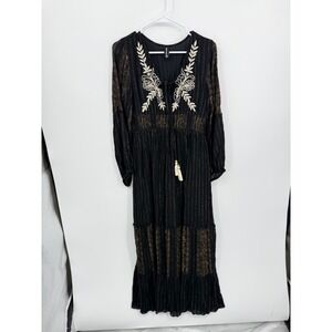 ME2Magic Embroidered Maxi Dress Womens Medium Black Gold Metallic Boho Smocked